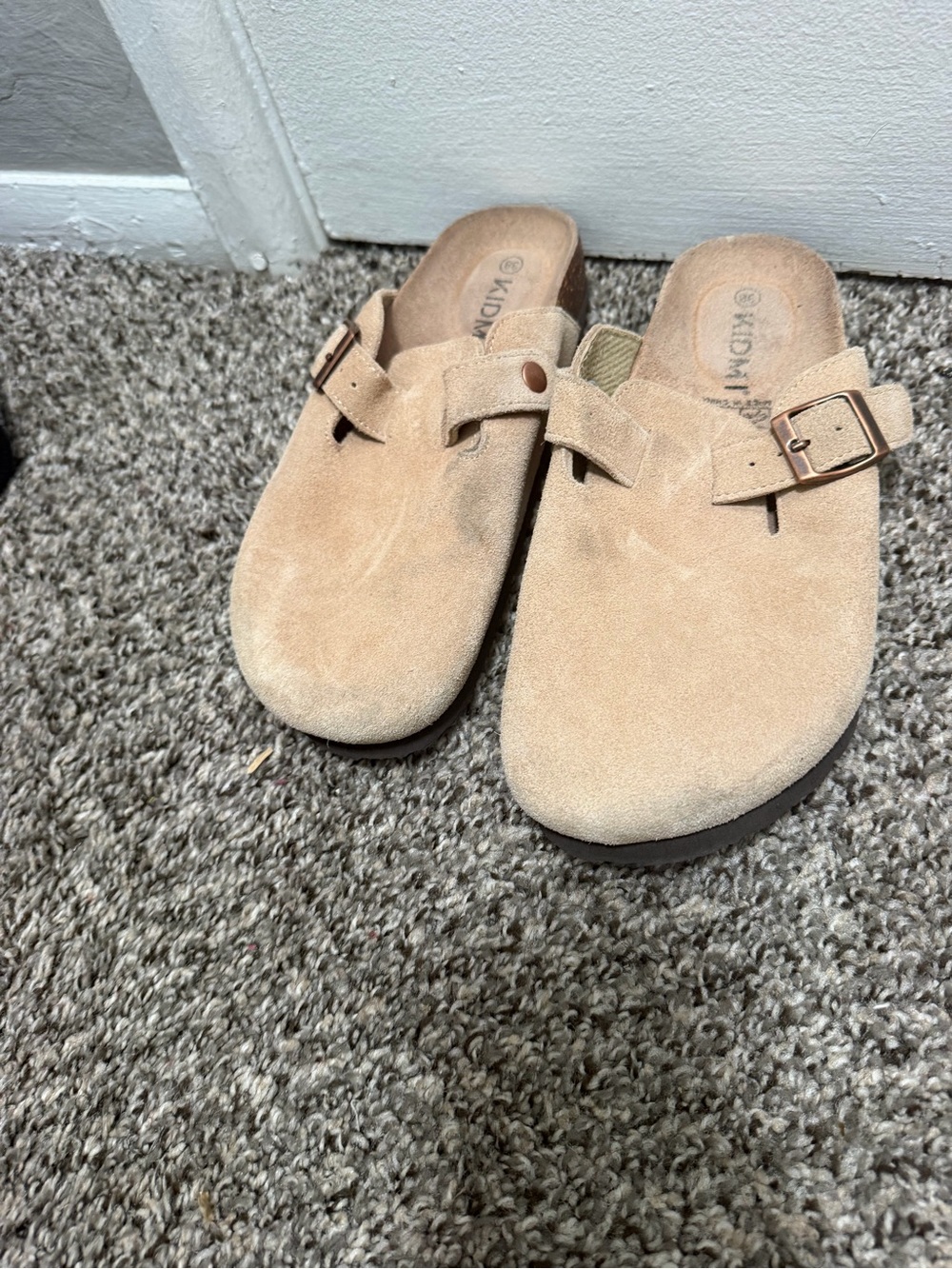 Suede Buckle Mule Clogs in Beige